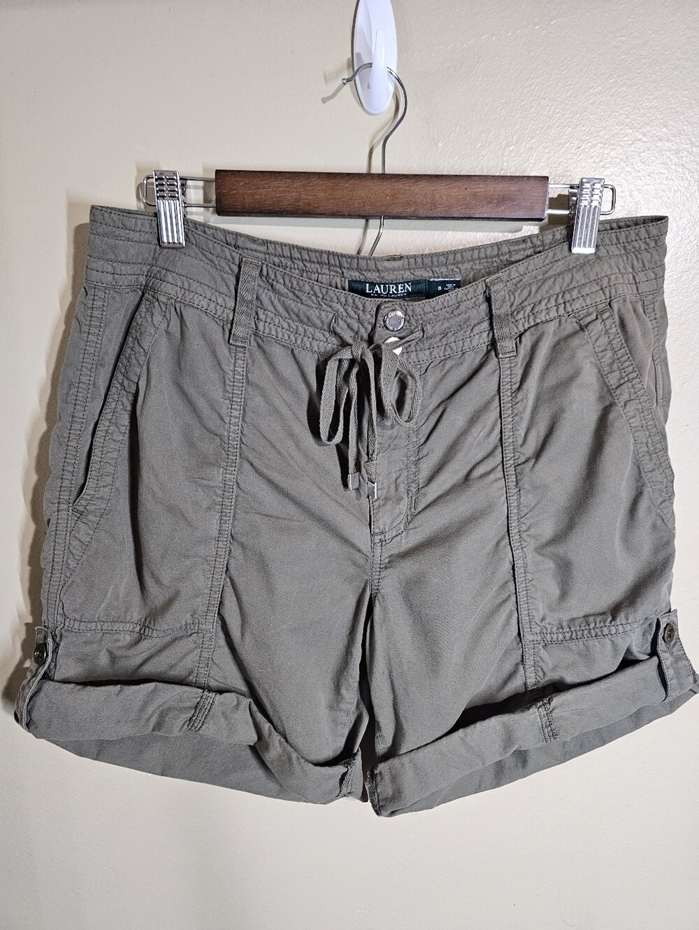 Lauren Ralph Lauren Olive Cargo Shorts Roll Tab Utility Cotton Size 8